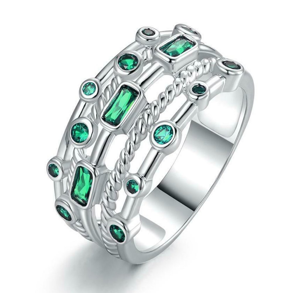18K White Gold Plated 5 Layer Green Emerald Ring